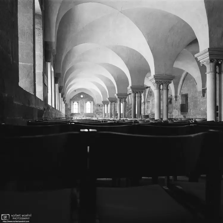 An interior shot of the Lay Refectory (Dining Hall of the Lay Brothers) at Maulbronn Monastery, a UNESCO World Heritage site in Southwestern Germany.