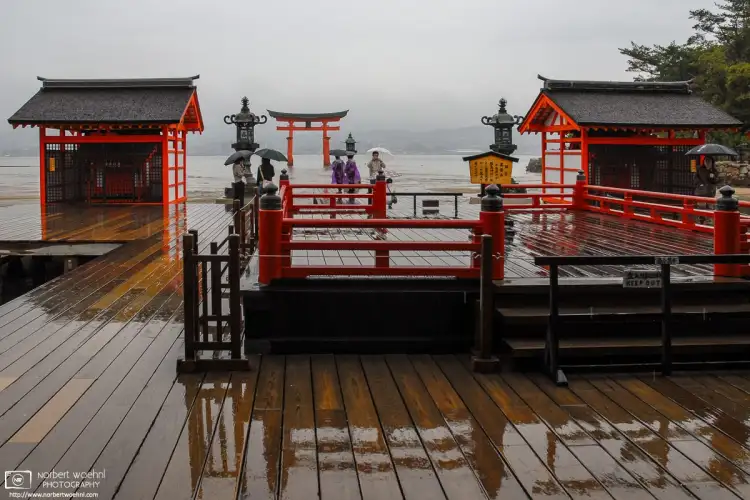 Miyajima Island in Hiroshima Bay, Japan, is home to the iconic Itsukushima Shrine, captured on a very rainy day in this photo.