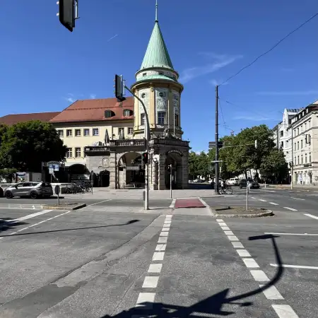 Play of shadows outside Löwenbräukeller, a beer hall built in the 1880s in the Maxvorstadt district of Munich, Germany.