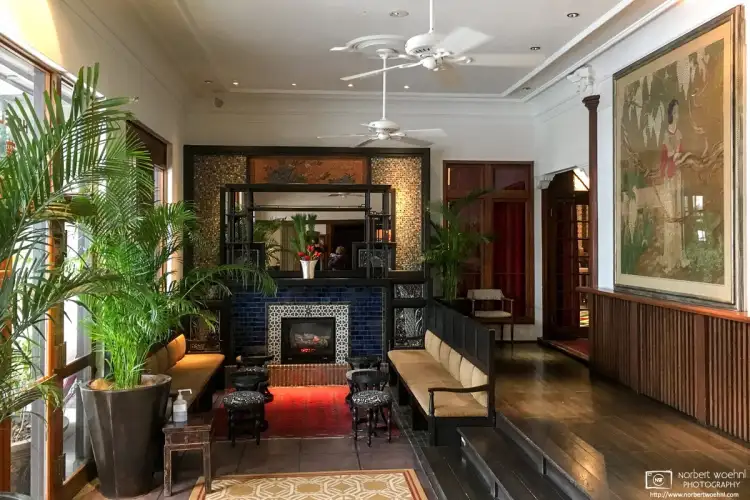 A view of the beautiful Art Deco-style lobby at the Fujiya Gohonjin Restaurant in Nagano, Japan.