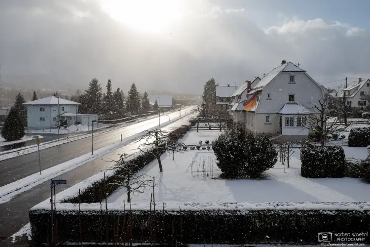 A calm winter view out of the window of my study in Nehren, Germany, where I lived in the mid-2010s. There was some pretty special light during a snow shower.