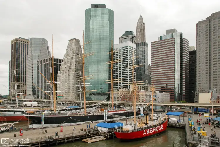 A photo taken in 2005 of South Street Seaport in New York City. The district actually features some of the oldest buildings in Lower Manhattan.
