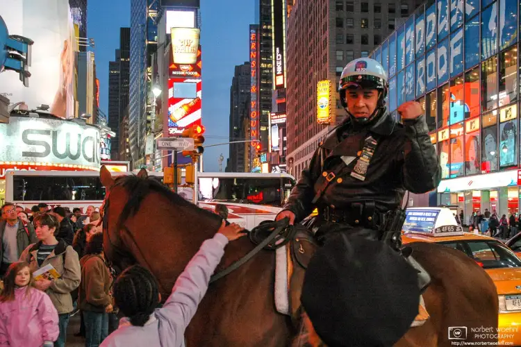 A policeman is seen navigating early-evening traffic on top of a horse on Times Square in New York City.