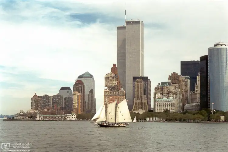 Taken on a Circle Line Cruise in September 1996, this photo of New York Harbor shows lower Manhattan with the old World Trade Center.