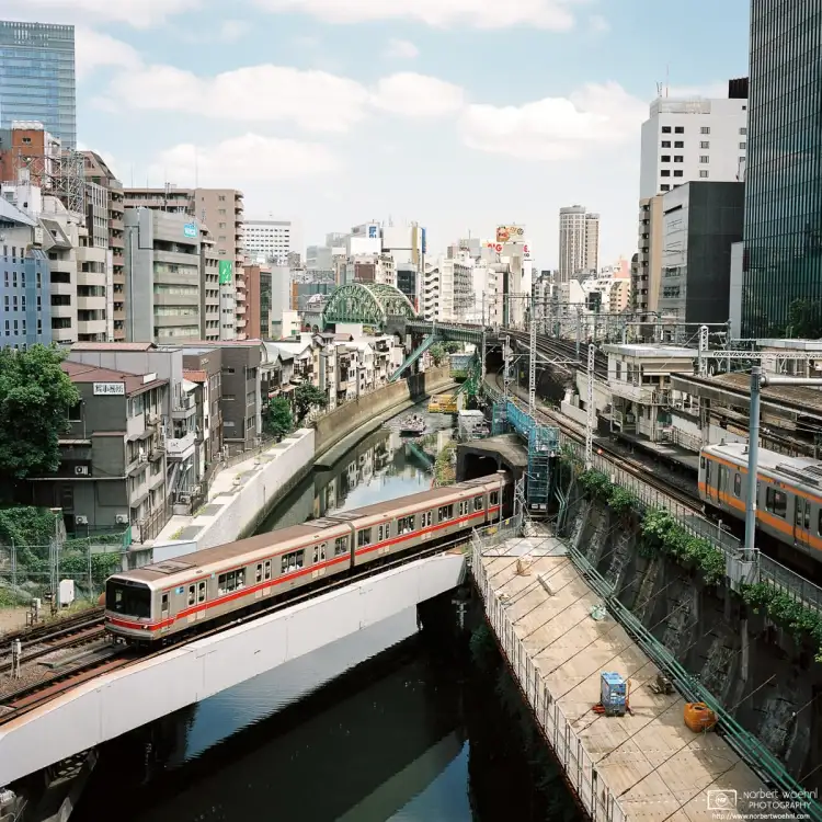 Hijiribashi Bridge in Tokyo, Japan, affords this view of Ochanomizu Station along the Kanda River, looking in the direction of Akihabara.