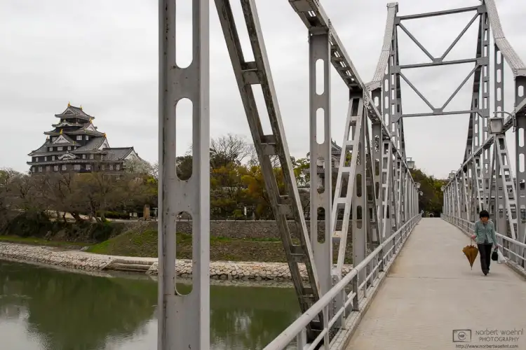 Tsukimi-Bashi (moon-viewing bridge) in Okayama, Japan, links Okayama Castle (pictured to the left) with Korakuen, the iconic Japanese Garden.