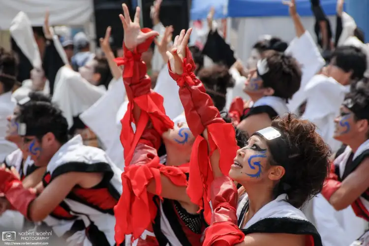 Dancers at the Okayama Uraja Festival in Okayama City, Japan. The festival is held every year on the first weekend in August.