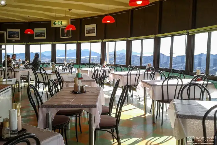 The panoramic restaurant at the top station of Mount Senkoji Ropeway in Onomichi, Hiroshima Prefecture, Japan, offers great views of the Seto Inland Sea.