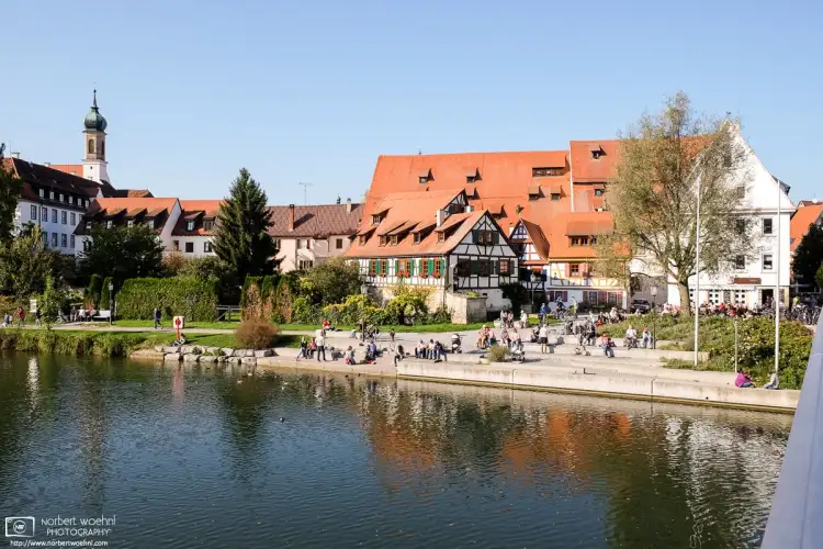 A view across the Neckar River towards the old town of Rottenburg am Neckar in the southwestern part of Germany.