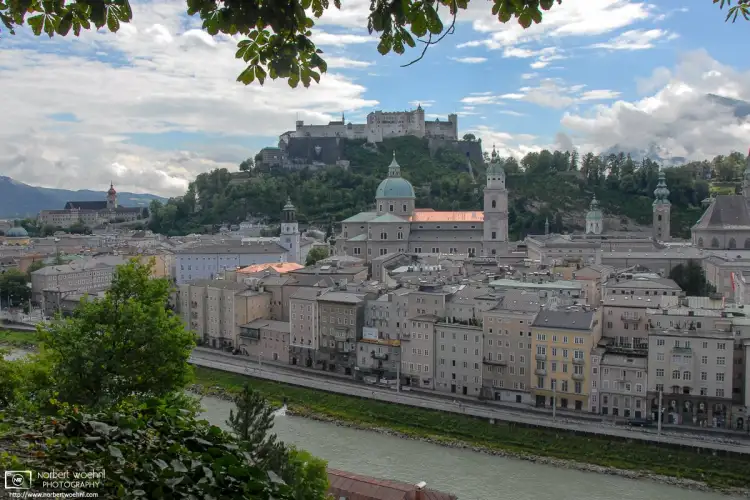 A view of the historic city center of Salzburg, Austria, as seen from Kapuzinerberg on the north side of Salzach river.