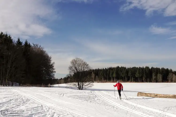 A cross-country skier is enjoying a perfect winter day near the southwest-German village of Sankt Johann on the Swabian Alb.