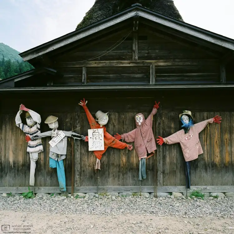 On my walk through Ogimachi Village in Shirakawagō, Japan, I suddenly found myself facing this lineup of scarecrows.