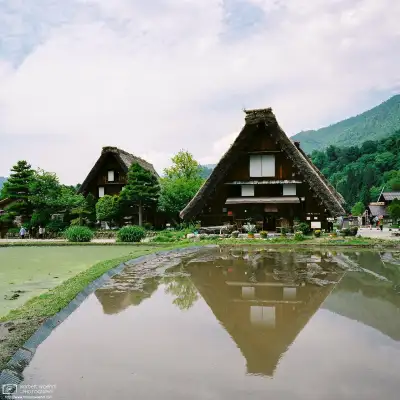 A colorful end-of-May impression between the typical thatched-roof houses at Ogimachi Village in Shirakawago, Gifu Prefecture, Japan.