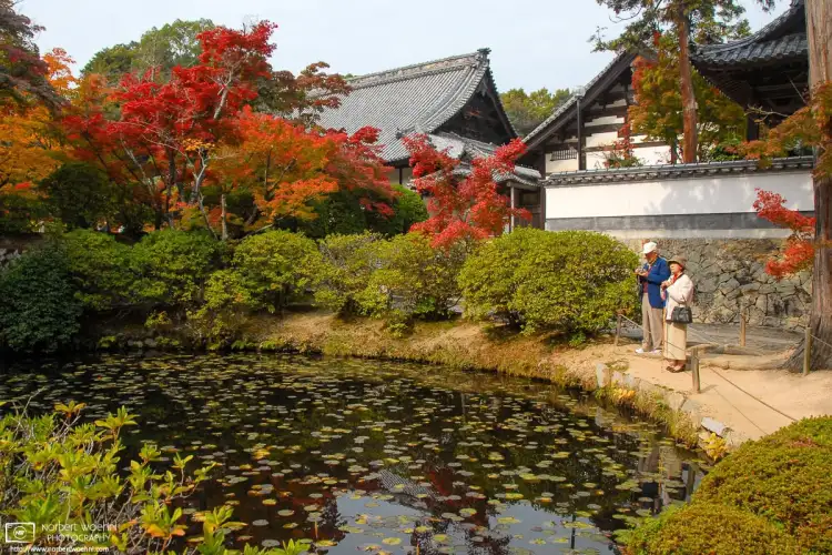 An elderly couple enjoys a quiet moment by the pond on a fine autumn day at Hōfukuji Temple in Sōja, Okayama Prefecture, Japan.