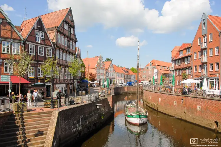 A view into the Old Hansa Harbor of Stade in northern Germany. In medieval times, this beautiful historic city in Lower Saxony was a prominent member of the Hanseatic League.