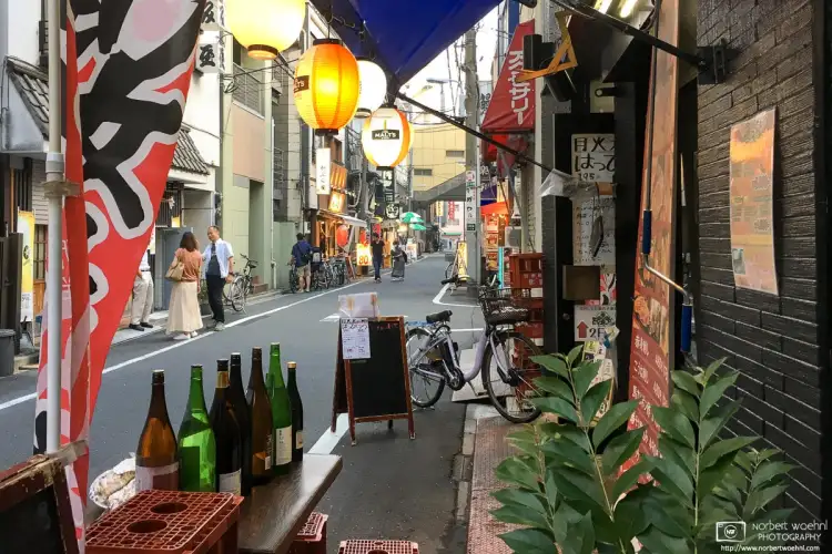 A lane of restaurants in a quiet side street of the Taito ward in Tokyo, Japan.