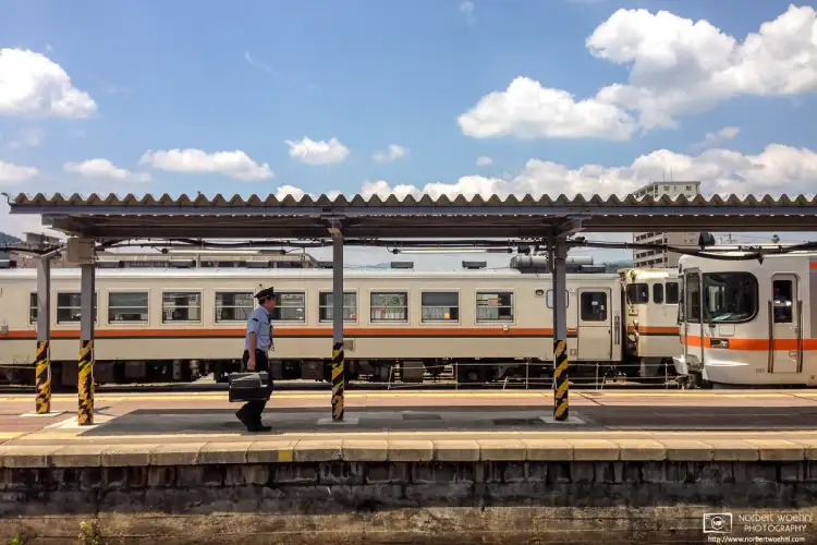 A Japan Railways employee is starting his working day at Takayama Station in Gifu Prefecture, Japan.