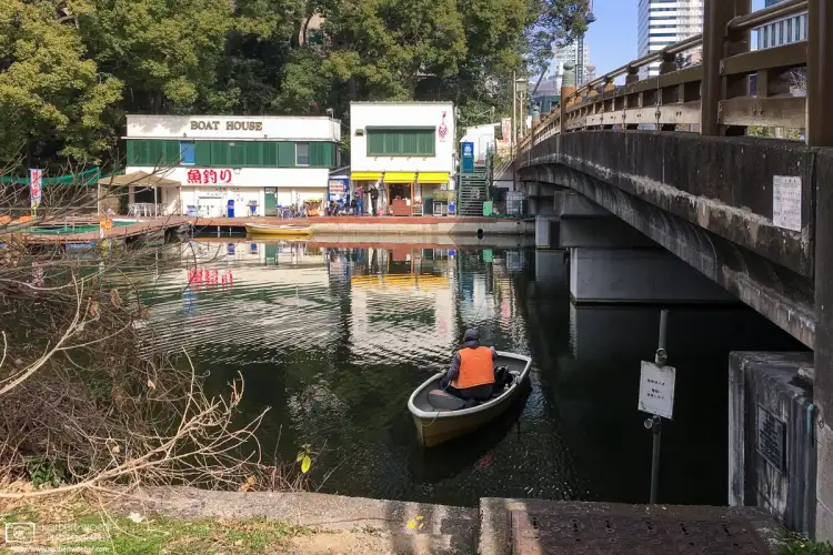 A bright morning scene overlooking the moat towards the boat pier near Benkei Bridge in the Chiyoda Ward of Tokyo, Japan.
