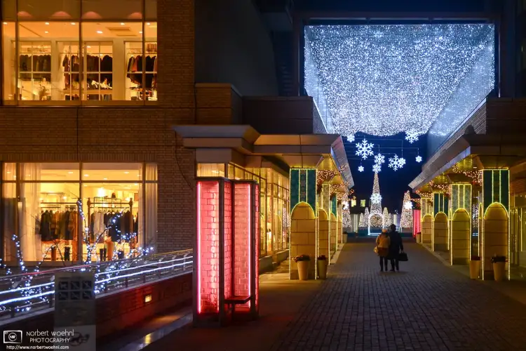 An installation of Christmas lights between commercial buildings near Daikanyama Station in the Shibuya Ward of Tokyo, Japan.
