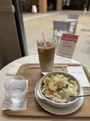 Creamy Doria (a Japanese rice gratin) of Smoked Chicken and Asparagus with Lemon, Ice Caffe Latte.
