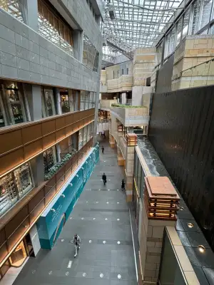 Interior view of the unique architecture at Mori Tower in Roppongi Hills, Tokyo.