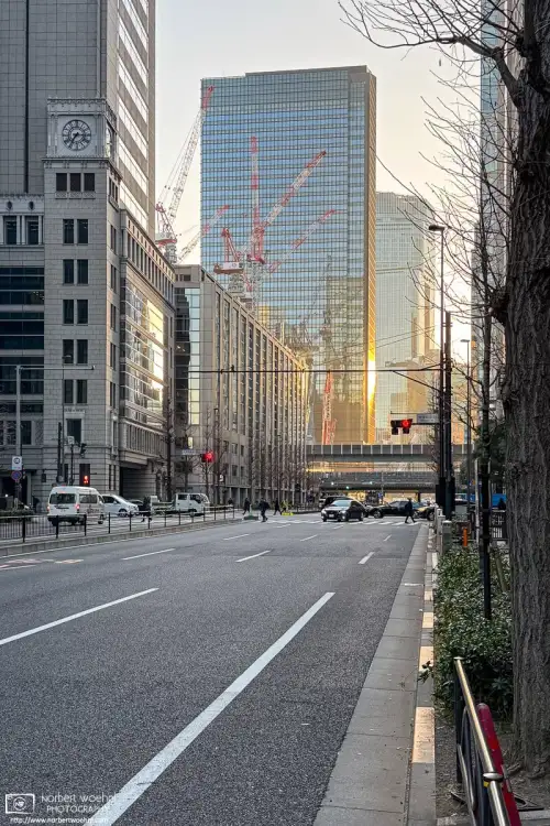 The February morning sunlight illuminates an area of high-rise office buildings outside Otemachi Station in the Marunouchi area of Tokyo, Japan.