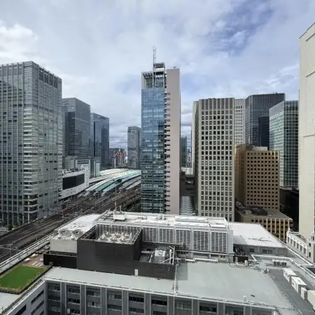View towards Tokyo Station from the 18th floor of an office in the Otemachi area of Tokyo, Japan.