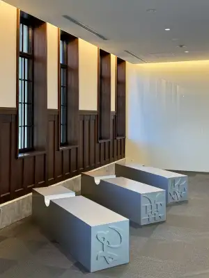 Stencil-shaped benches, Ichigaya Letterpress Factory, Tokyo, Japan