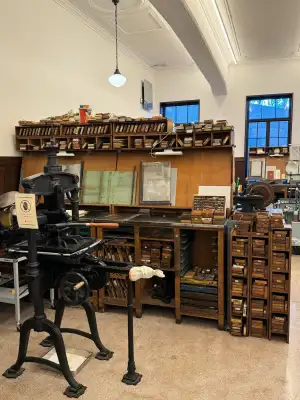 Printers workspace and printing press, Ichigaya Letterpress Factory, Tokyo, Japan