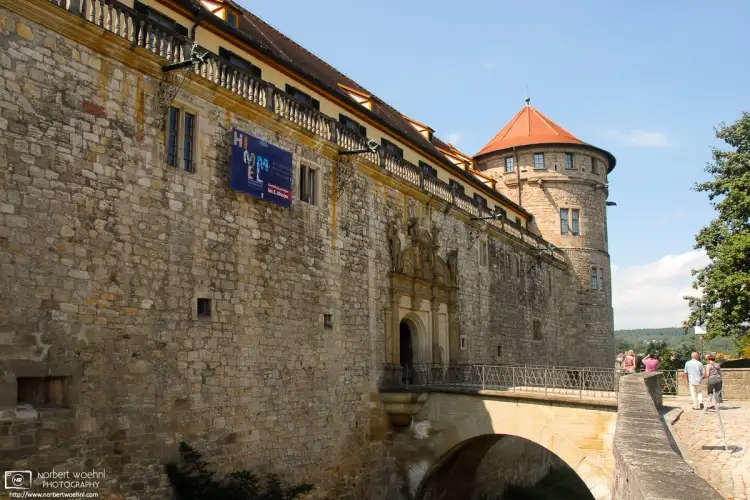 A view outside the upper gate and the 16th-century northeast tower of Hohentübingen Castle in Tübingen, Germany.