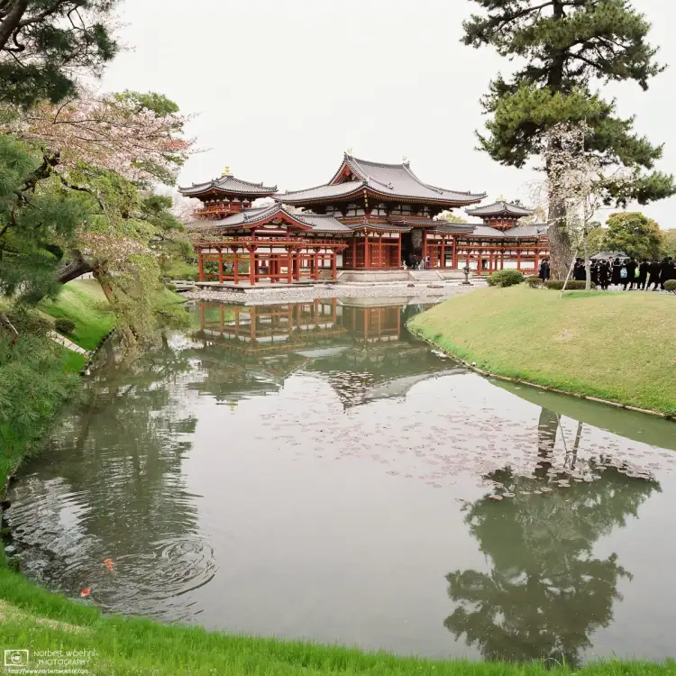 A view of Phoenix Hall at Byōdōin Temple in Uji, Japan, as seen from the Jōdo-shiki Garden in front of the building.