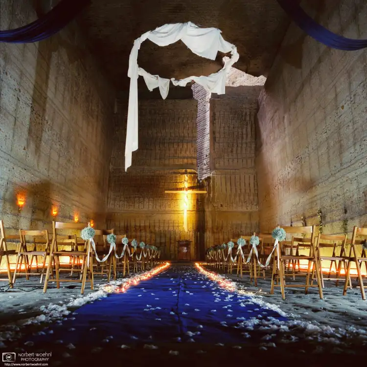 The Ōya History Museum is a former stone quarry outside Utsunomiya, Japan. The spacious underground cavern also features this Wedding Chapel.