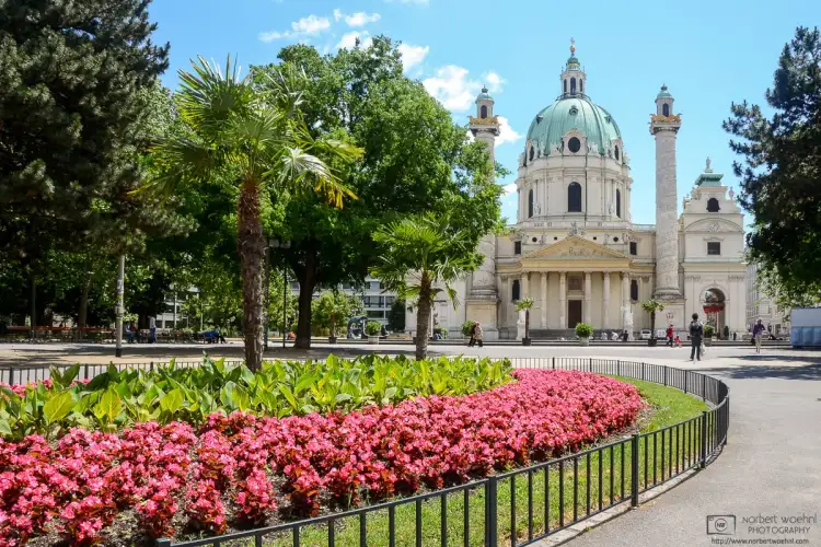 A view of Karlskirche in Vienna, Austria, as seen from Resselpark on the south side of Karlsplatz.