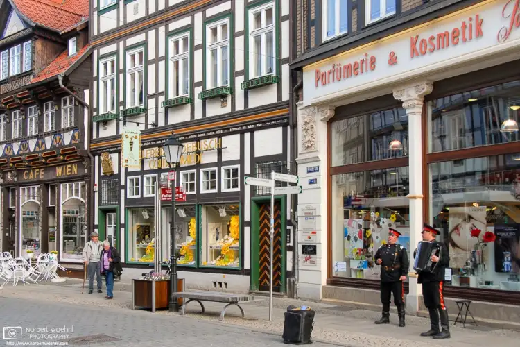 Russian Street Musicians performing in the historic town center of Wernigerode in the eastern state of Saxony-Anhalt, Germany.