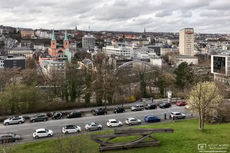View over downtown Wuppertal in North Rhine-Westphalia, Germany, on an overcast April afternoon.