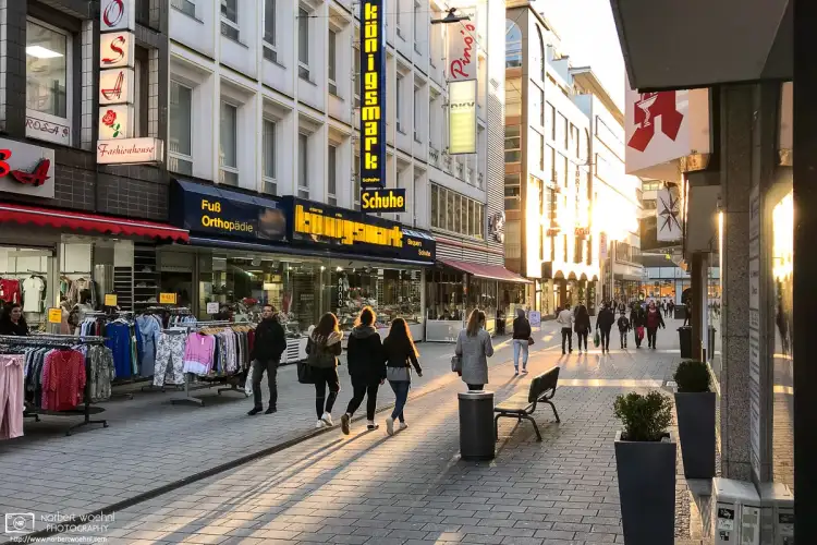 A bright late April afternoon on Turmhof, a shopping street in the center of Wuppertal, Germany.