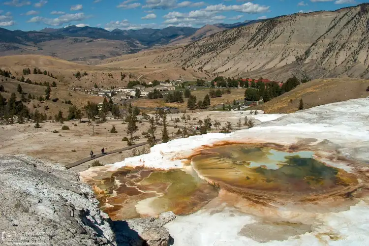 Overlooking New Blue Spring towards Mammoth Hot Springs Village at Yellowstone Park in Wyoming.