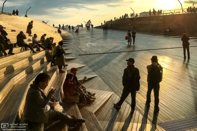 A late-afternoon scene outside Ohsanbashi Hall on the docks at the Port of Yokohama, Japan.