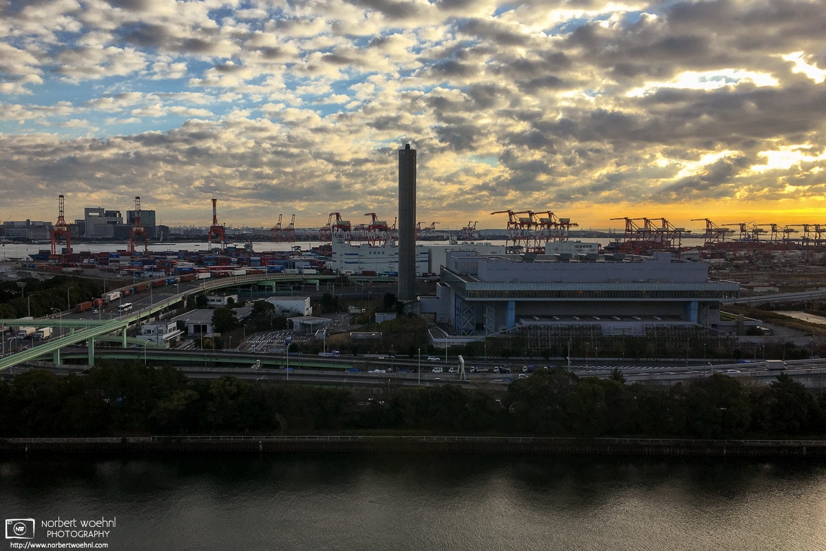 View towards a container terminal in Shinagawa-ku, Tokyo, Japan, as seen from a hotel in the area.