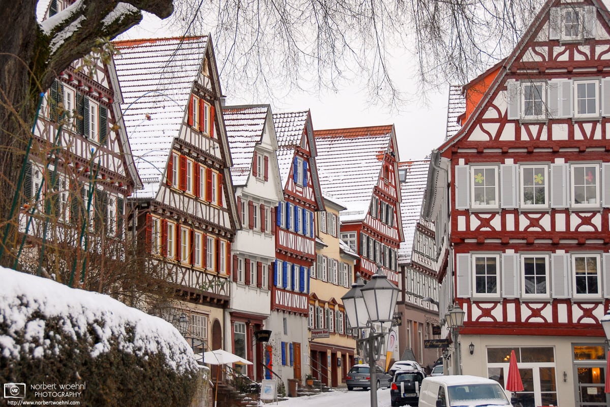 A winter view of half-timbered houses along Marktplatz (Market Square) in Calw, Germany.