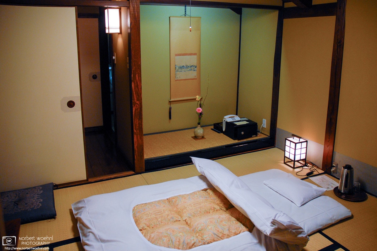 The futon is set for the night in this beautiful tatami room at Tsurugata Ryokan in Kurashiki, Okayama Prefecture, Japan.